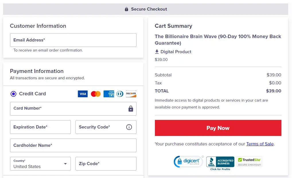 Billionaire Brain Wave secure  checkout page